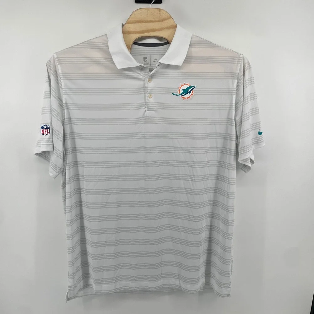 Nike Polo Shirt Mens 3XL White Miami Dolphins NFL Onfield Dri-FIT Striped